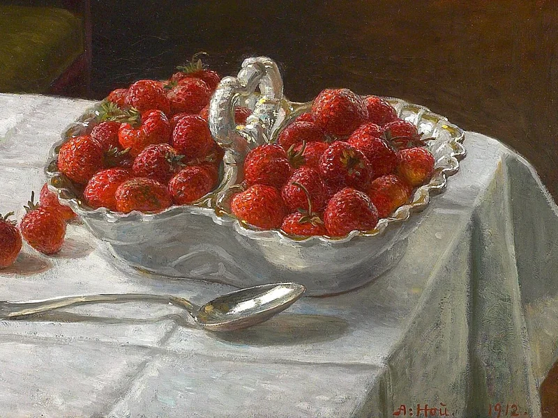 1860-Hans Axel Hou - Composizione con fragole in un piatto da cabaret e cucchiaio d'argento su un tavolo con una tovaglia bianca - 1912